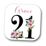 Personalised FLORAL Ages Special Birthday 21st 30th 40th 50th 60th 70th 80th Wooden Coaster Drinks Matt GIFT 10cm x 10cm